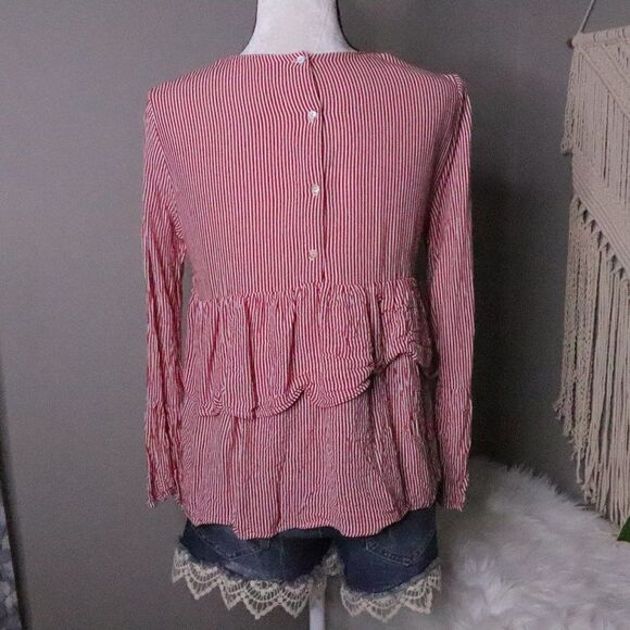 Zara | Pinstriped Ruffled Long Sleeve Top Medium - Picture 5 of 7